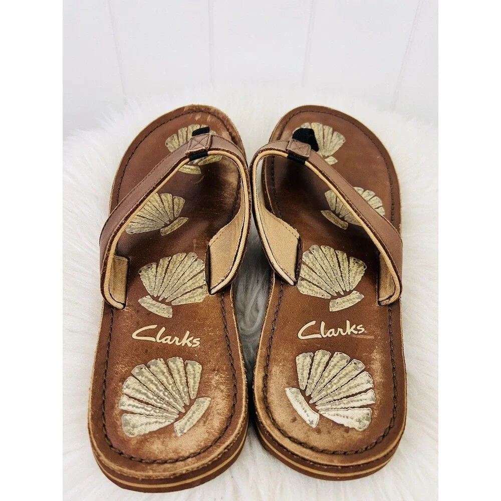 Clarks Brown Seashell Flip Flop Thong Sandals Coastal Beach Comfort Size 10M